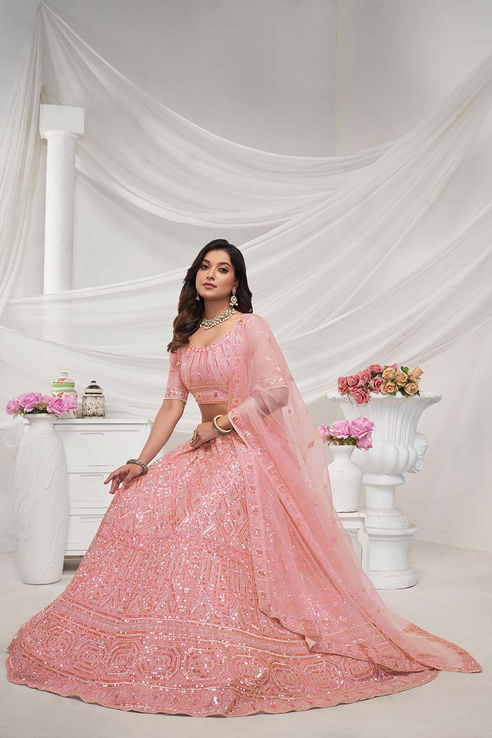 Peach Soft Net Sequins & Embroidered Lehenga Set