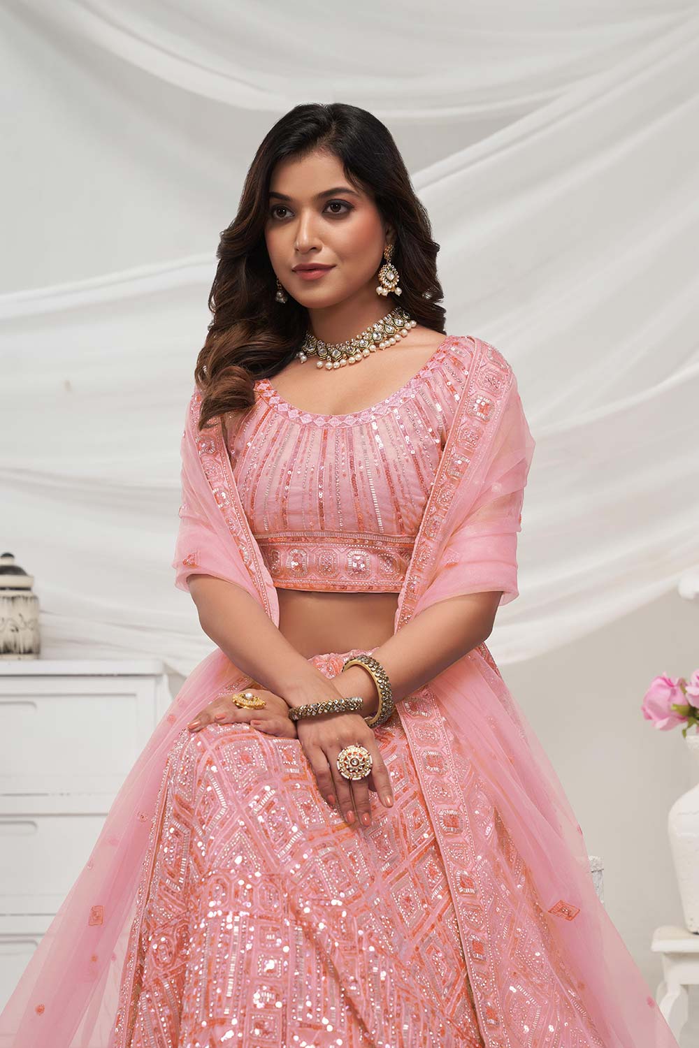 Peach Soft Net Sequins & Embroidered Lehenga Set