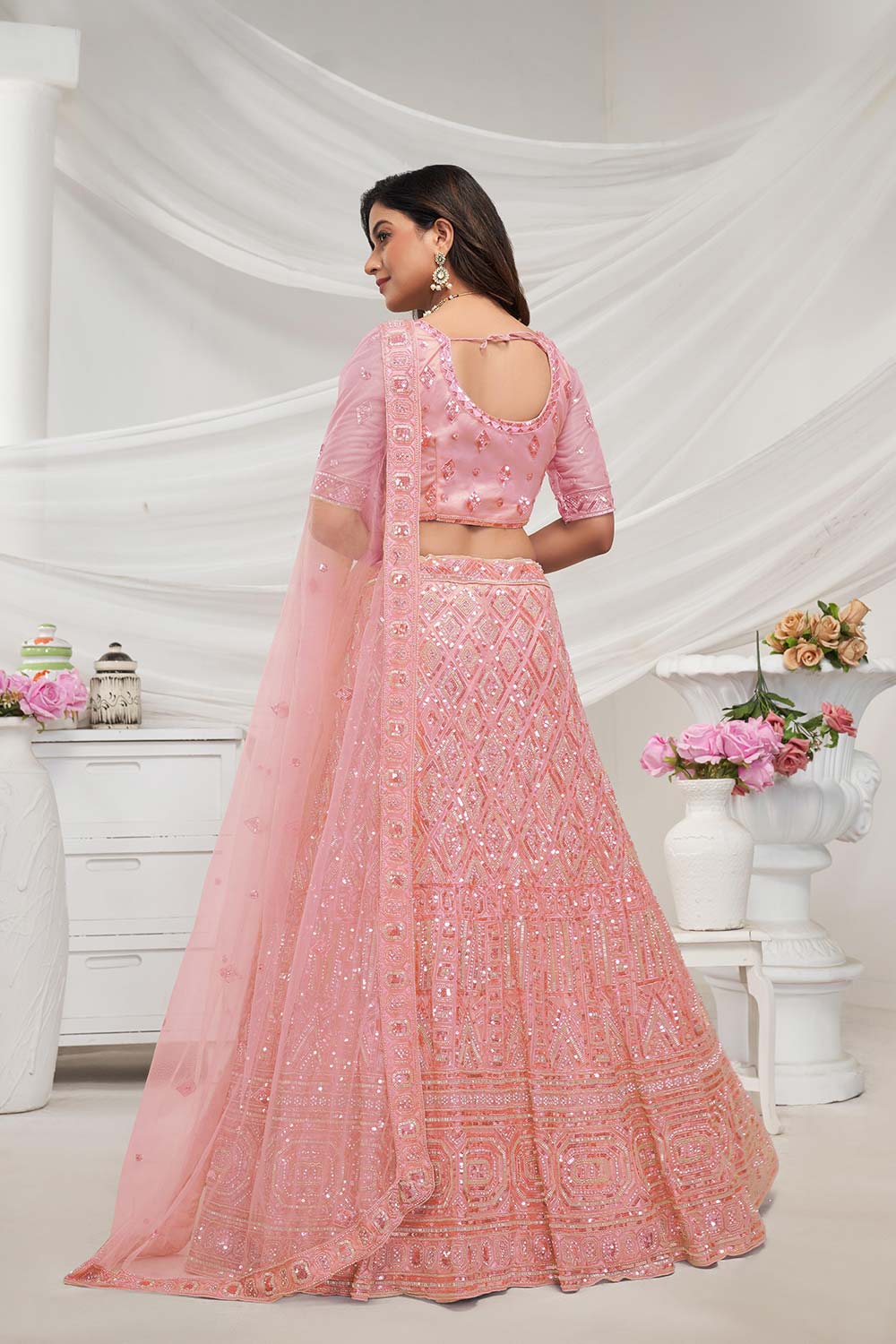 Peach Soft Net Sequins & Embroidered Lehenga Set