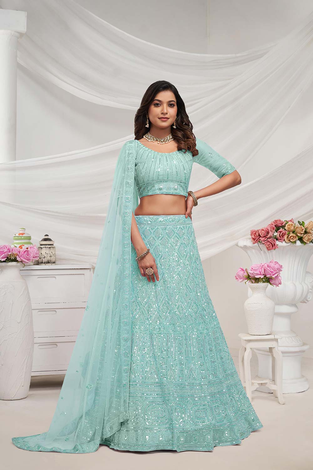 Sky Blue Soft Net Embroidered Lehenga Set