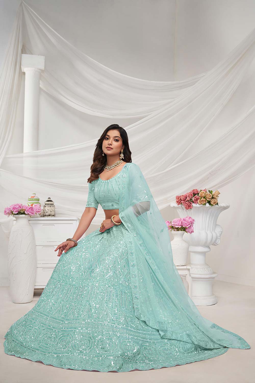 Sky Blue Soft Net Embroidered Lehenga Set