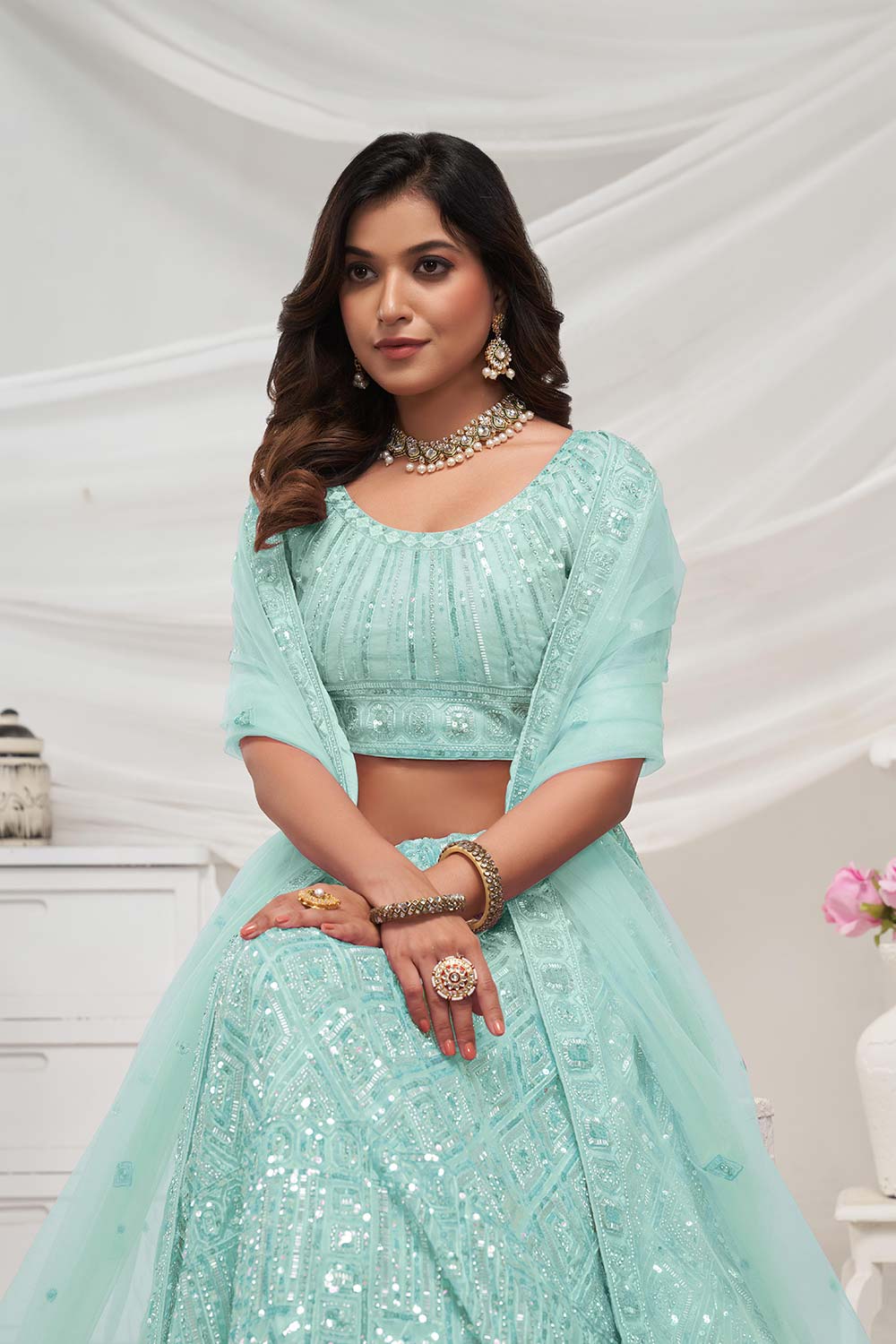 Sky Blue Soft Net Embroidered Lehenga Set