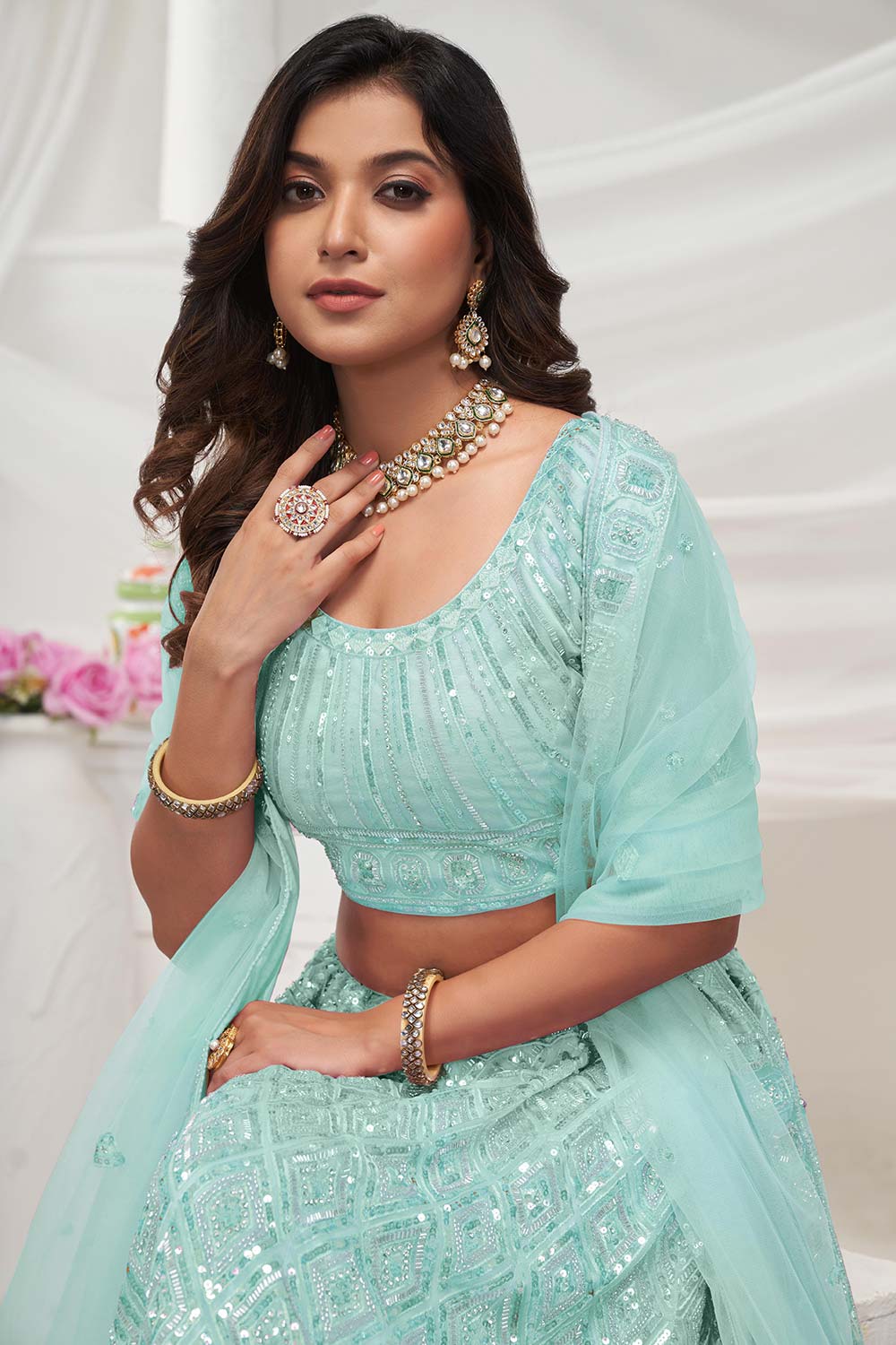 Sky Blue Soft Net Embroidered Lehenga Set