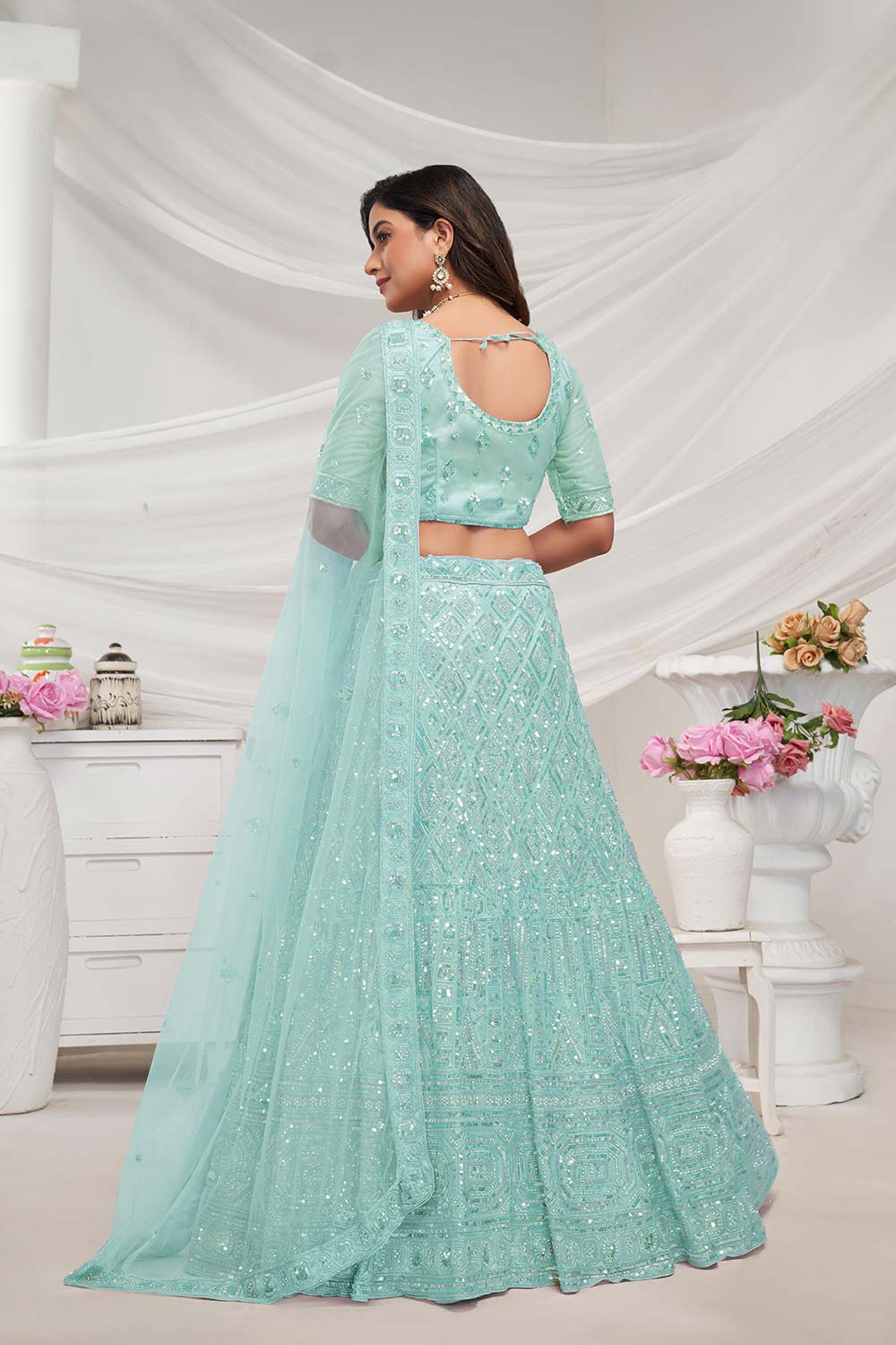 Sky Blue Soft Net Embroidered Lehenga Set