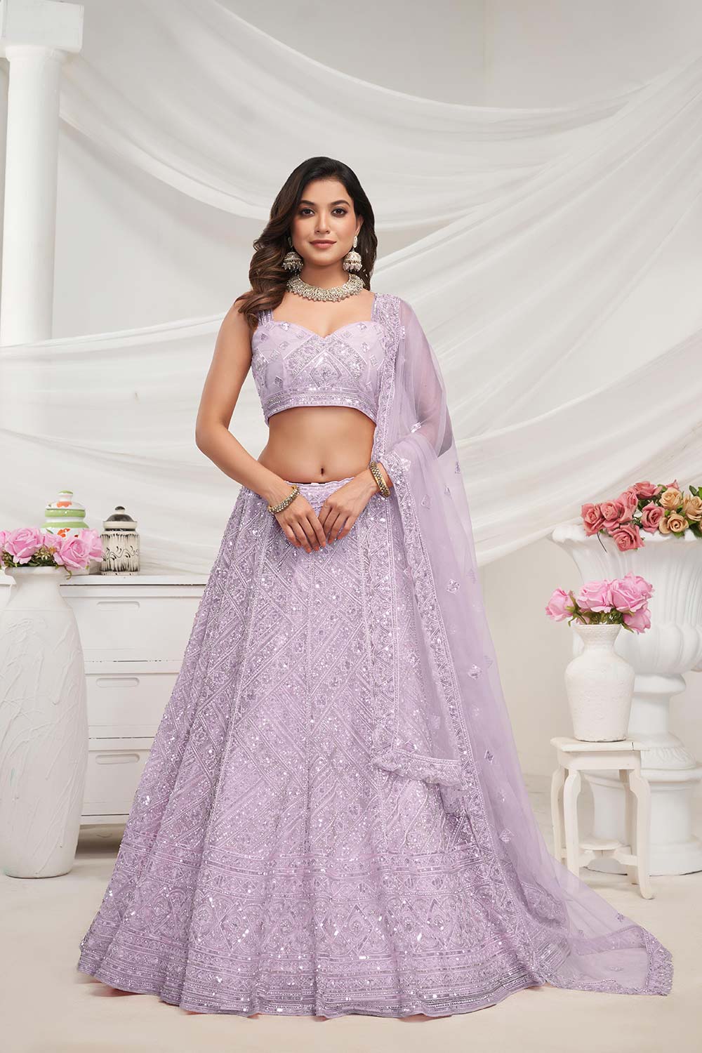 Mauve Soft Net Embroidered Lehenga Set