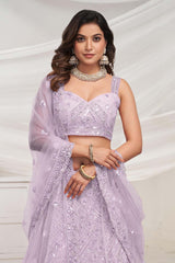 Mauve Soft Net Embroidered Lehenga Set