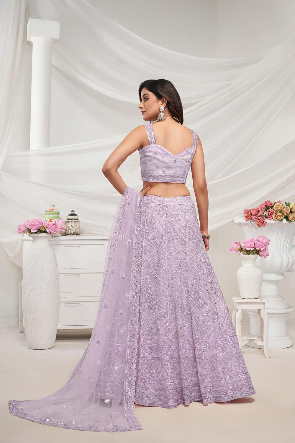 Mauve Soft Net Embroidered Lehenga Set