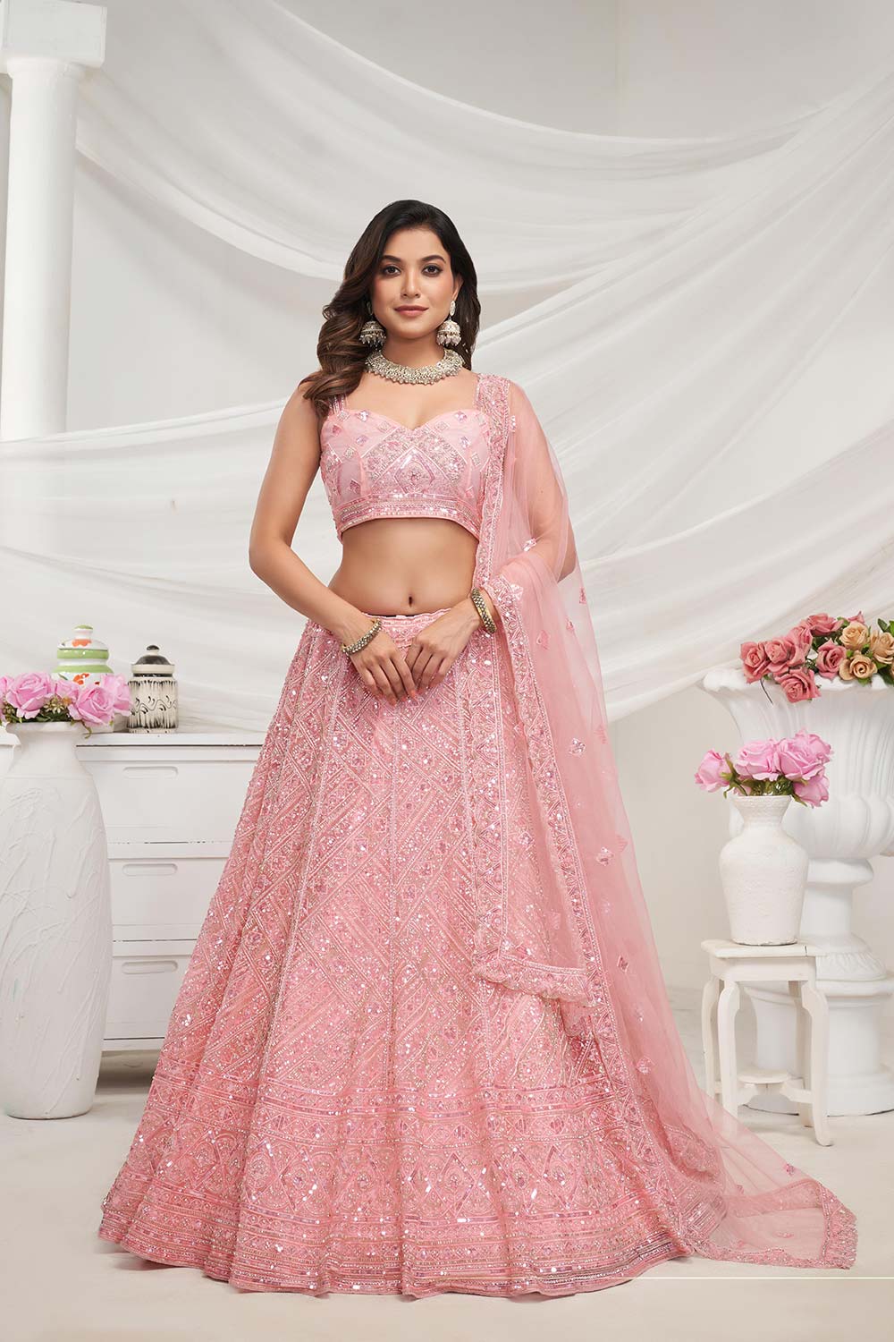 Peach Soft Net Embroidered Lehenga Set