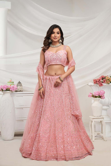 Peach Soft Net Embroidered Lehenga Set