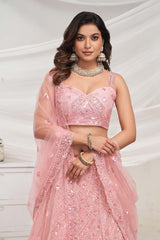 Peach Soft Net Embroidered Lehenga Set