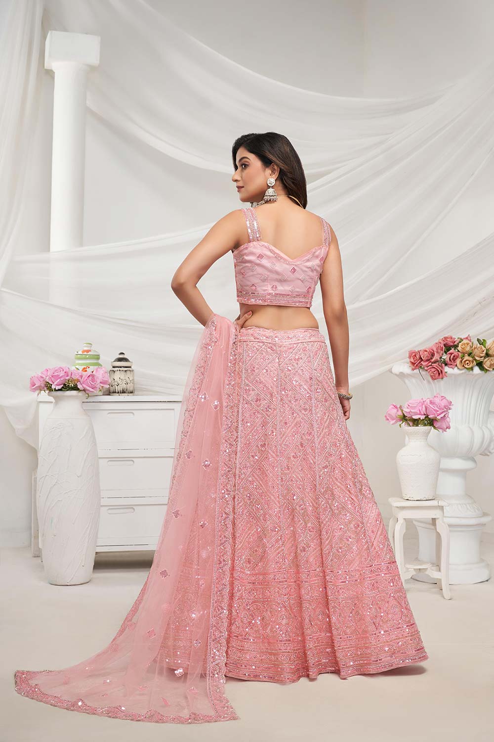 Peach Soft Net Embroidered Lehenga Set