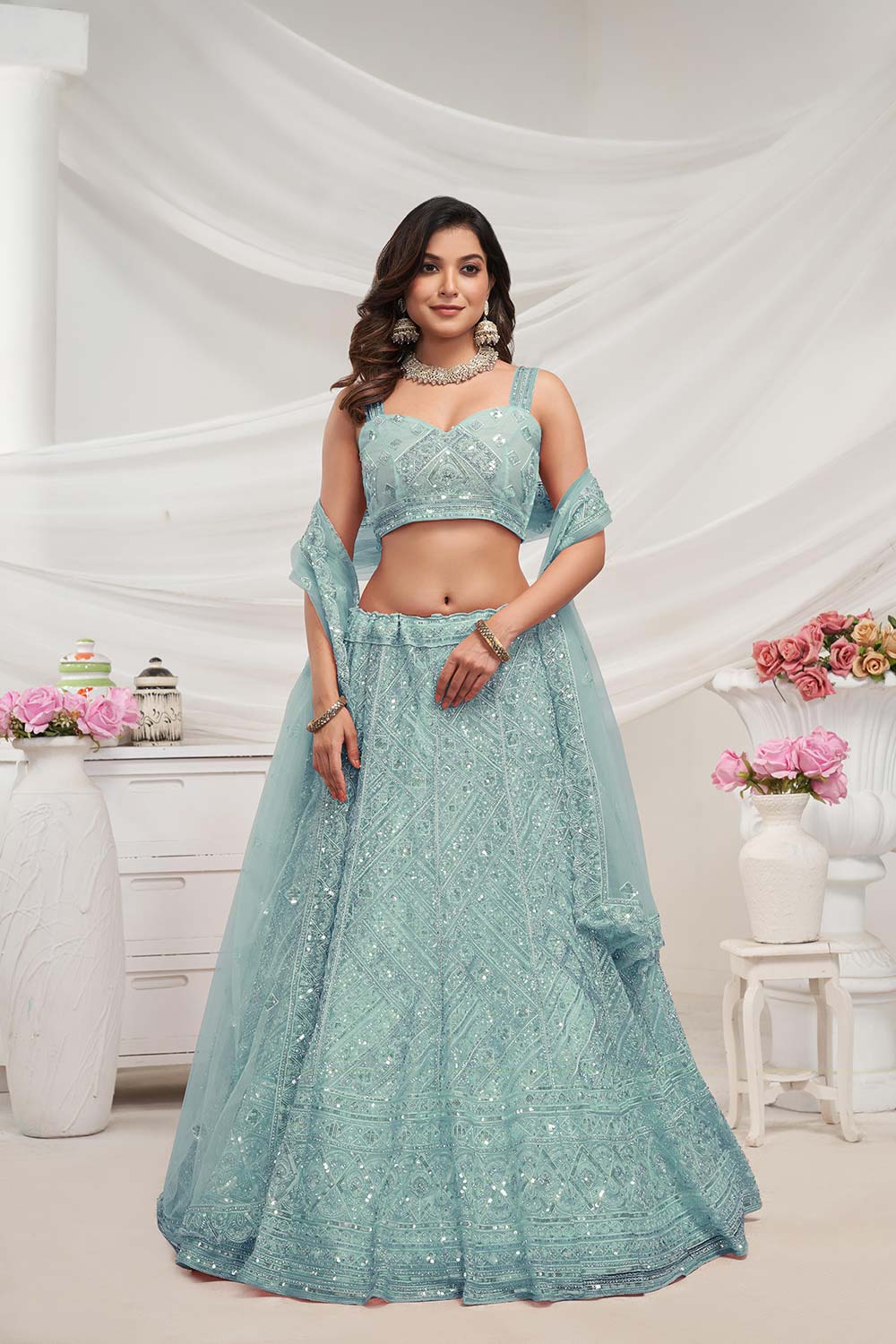 Sky Blue Soft Net Embroidered Lehenga Set