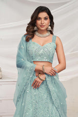 Sky Blue Soft Net Embroidered Lehenga Set