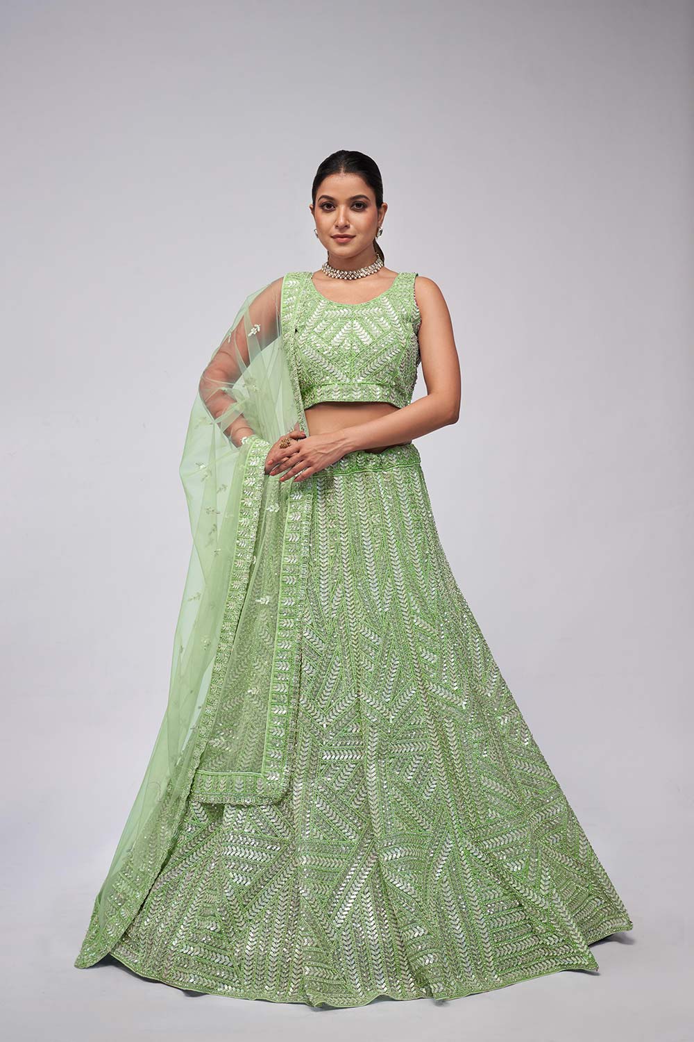 Green Soft Net Embroidered Lehenga Set