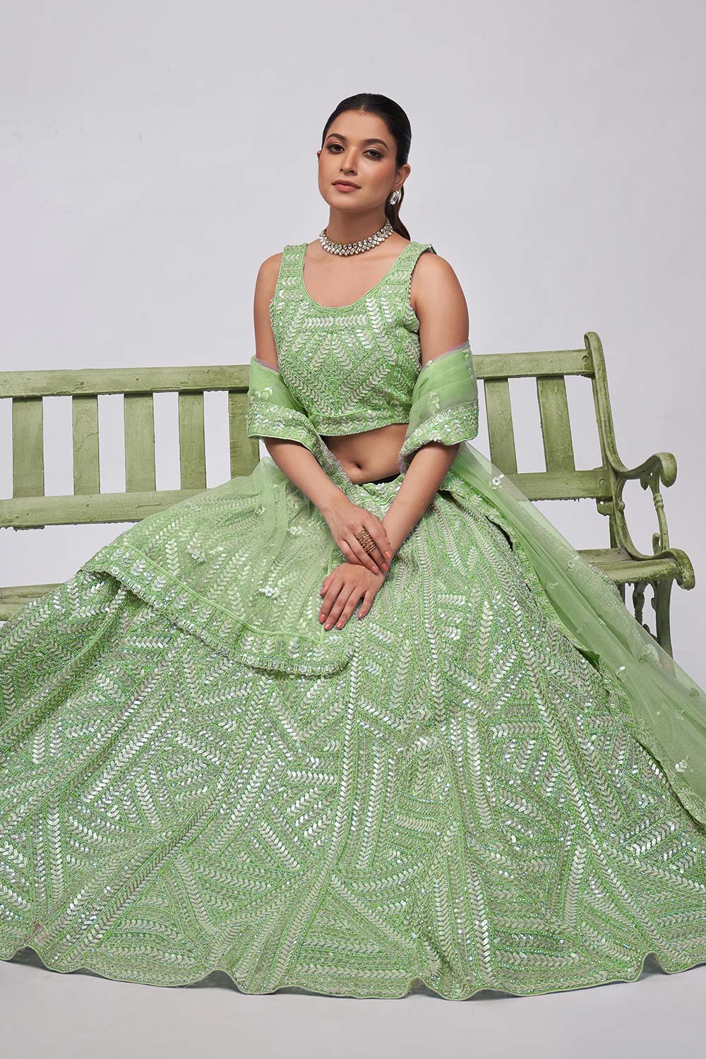 Green Soft Net Embroidered Lehenga Set