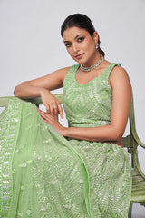 Green Soft Net Embroidered Lehenga Set