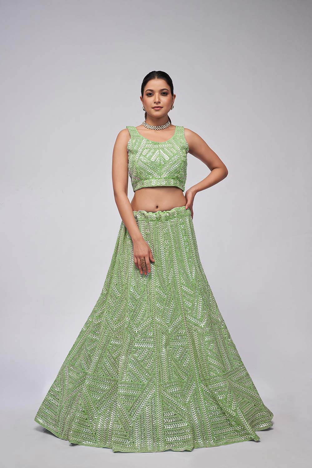 Green Soft Net Embroidered Lehenga Set