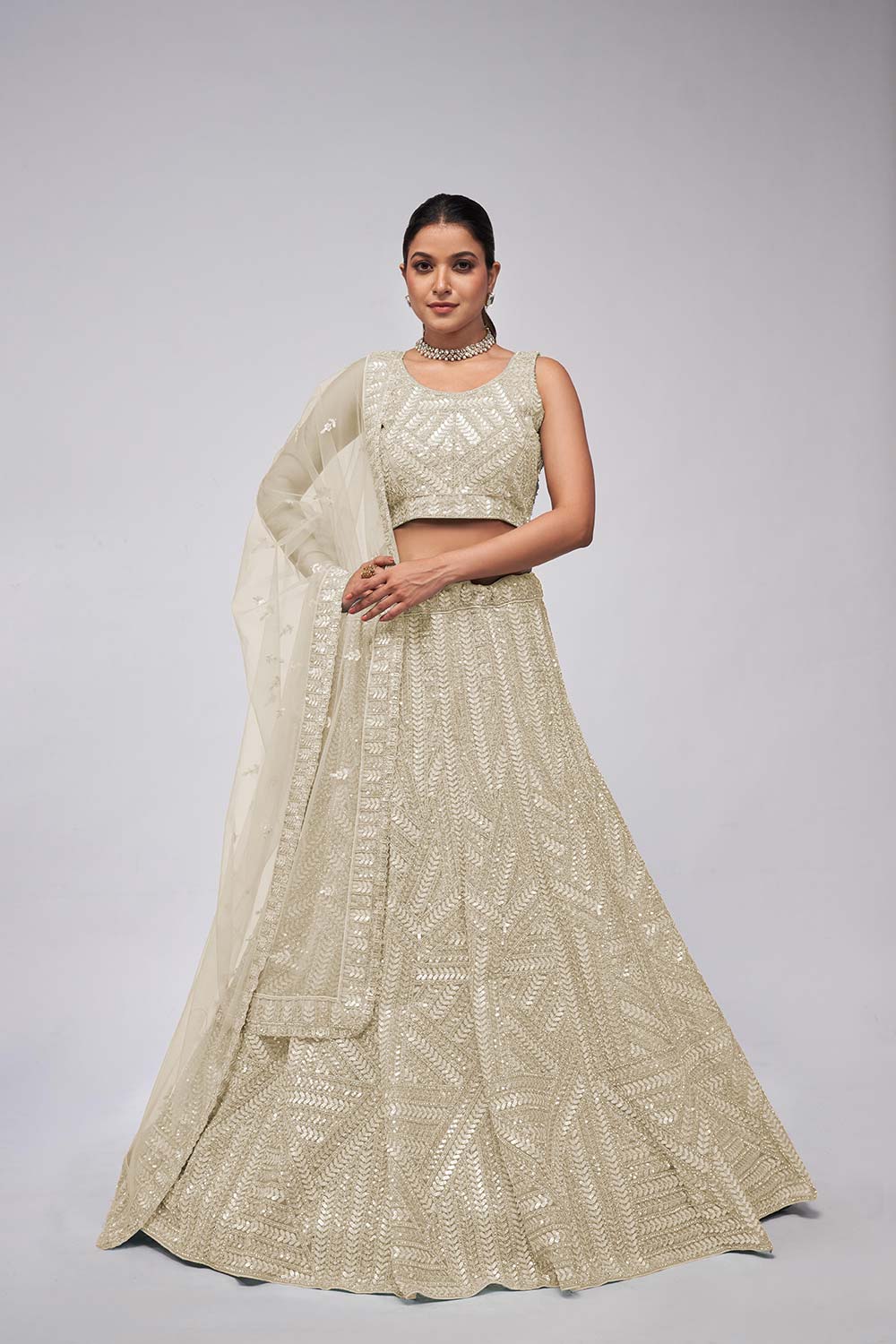 Ivory Soft Net Embroidered Lehenga Set