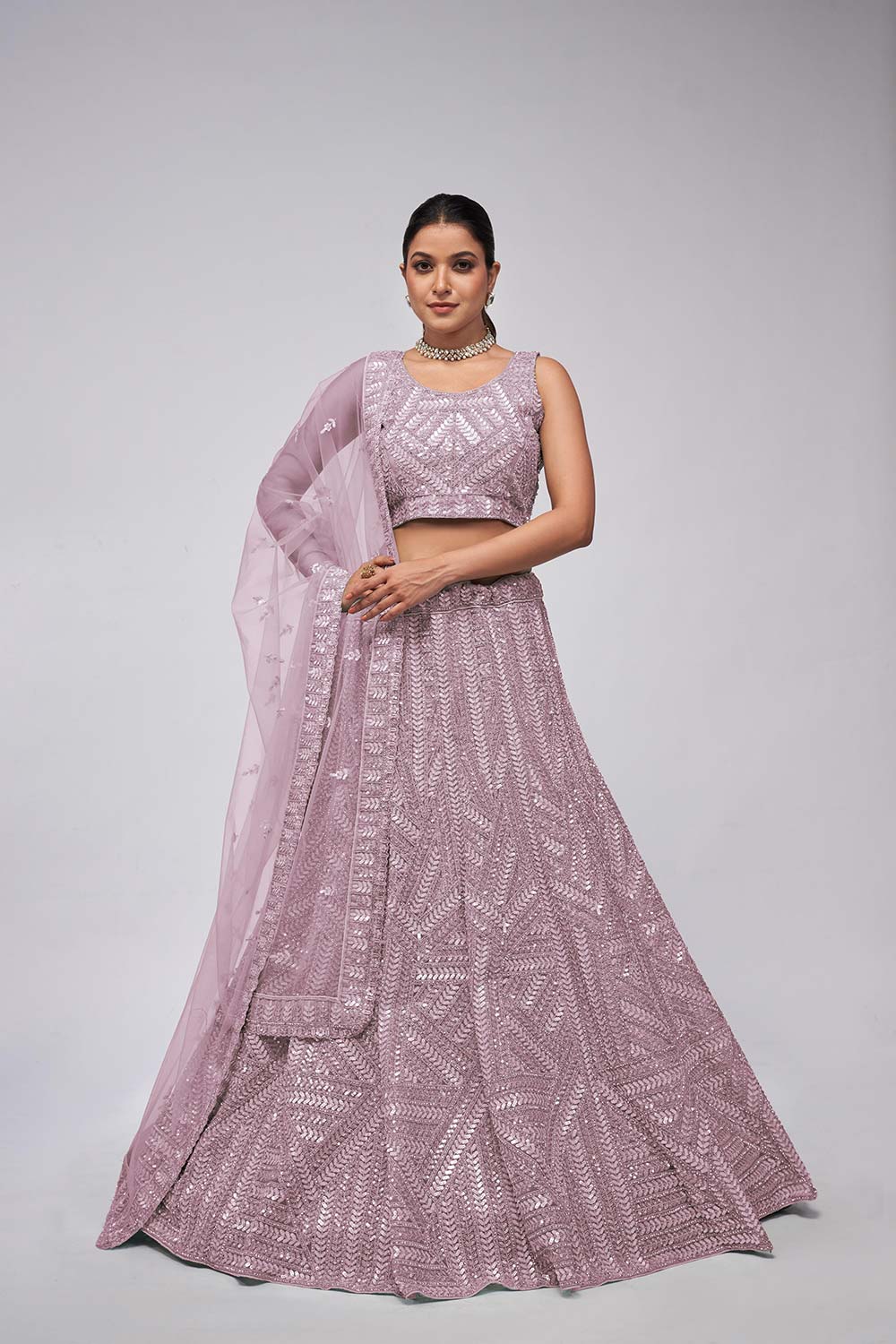 Mauve Soft Net Embroidered Lehenga Set