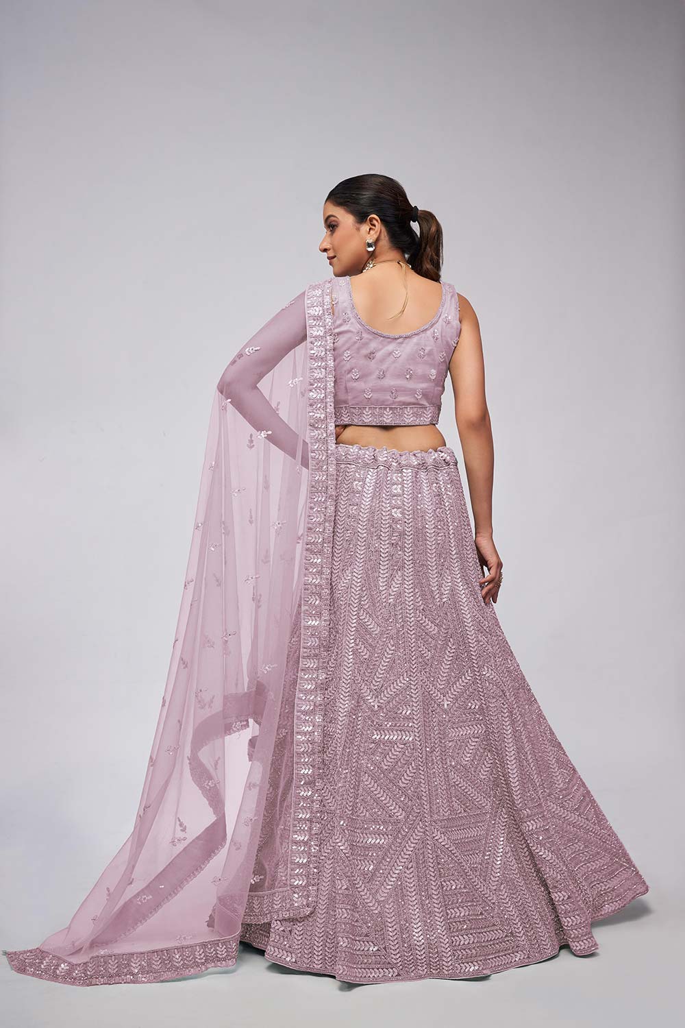 Mauve Soft Net Embroidered Lehenga Set