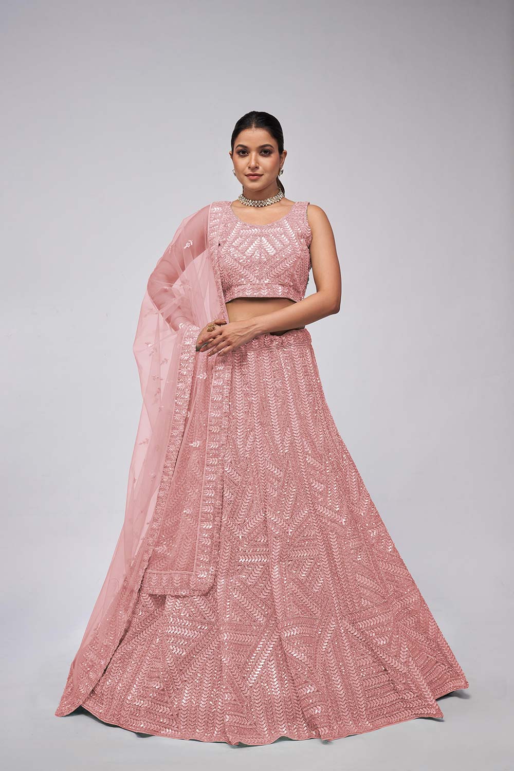 Pink Soft Net Embroidered Lehenga Set