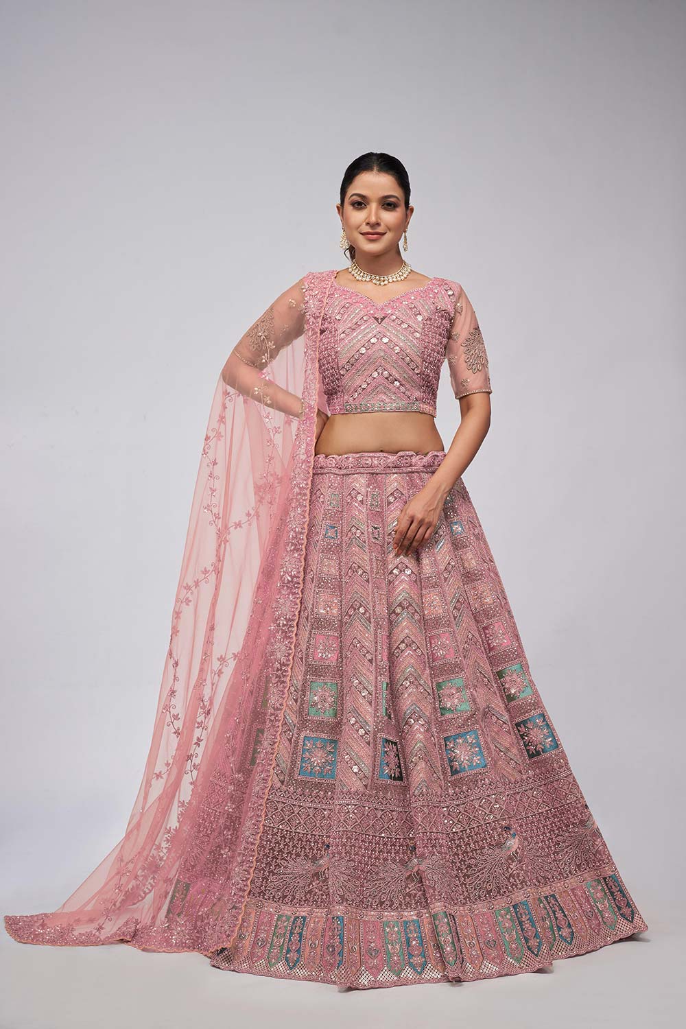 Dusty Mauve Soft Net Embroidered Lehenga Set