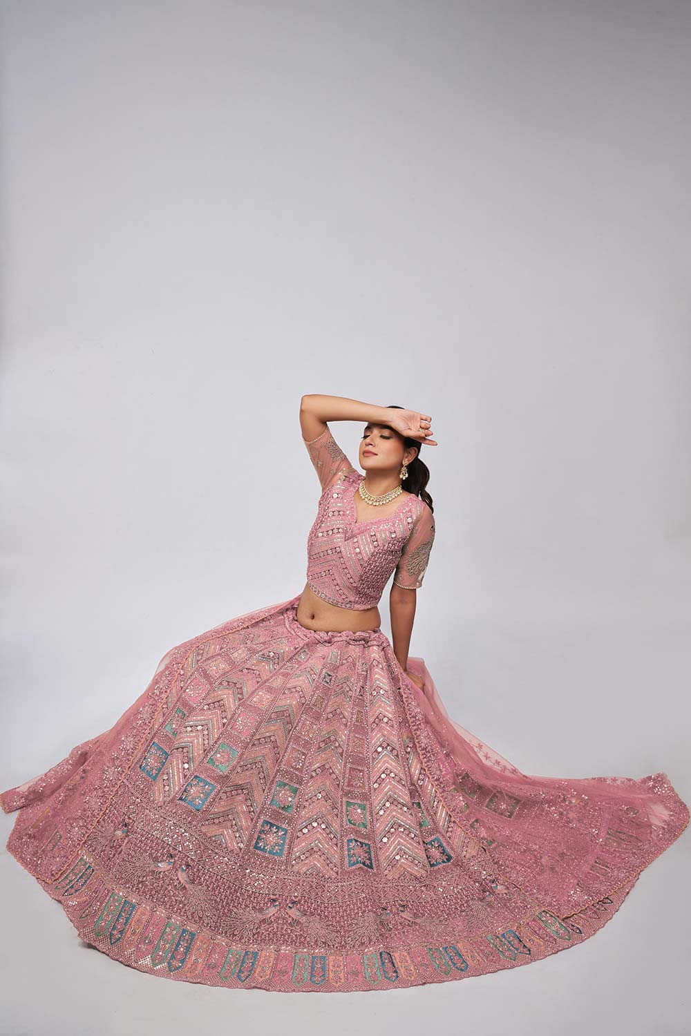 Dusty Mauve Soft Net Embroidered Lehenga Set