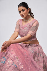 Dusty Mauve Soft Net Embroidered Lehenga Set