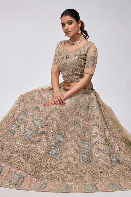 Golden Soft Net Embroidered Lehenga Set