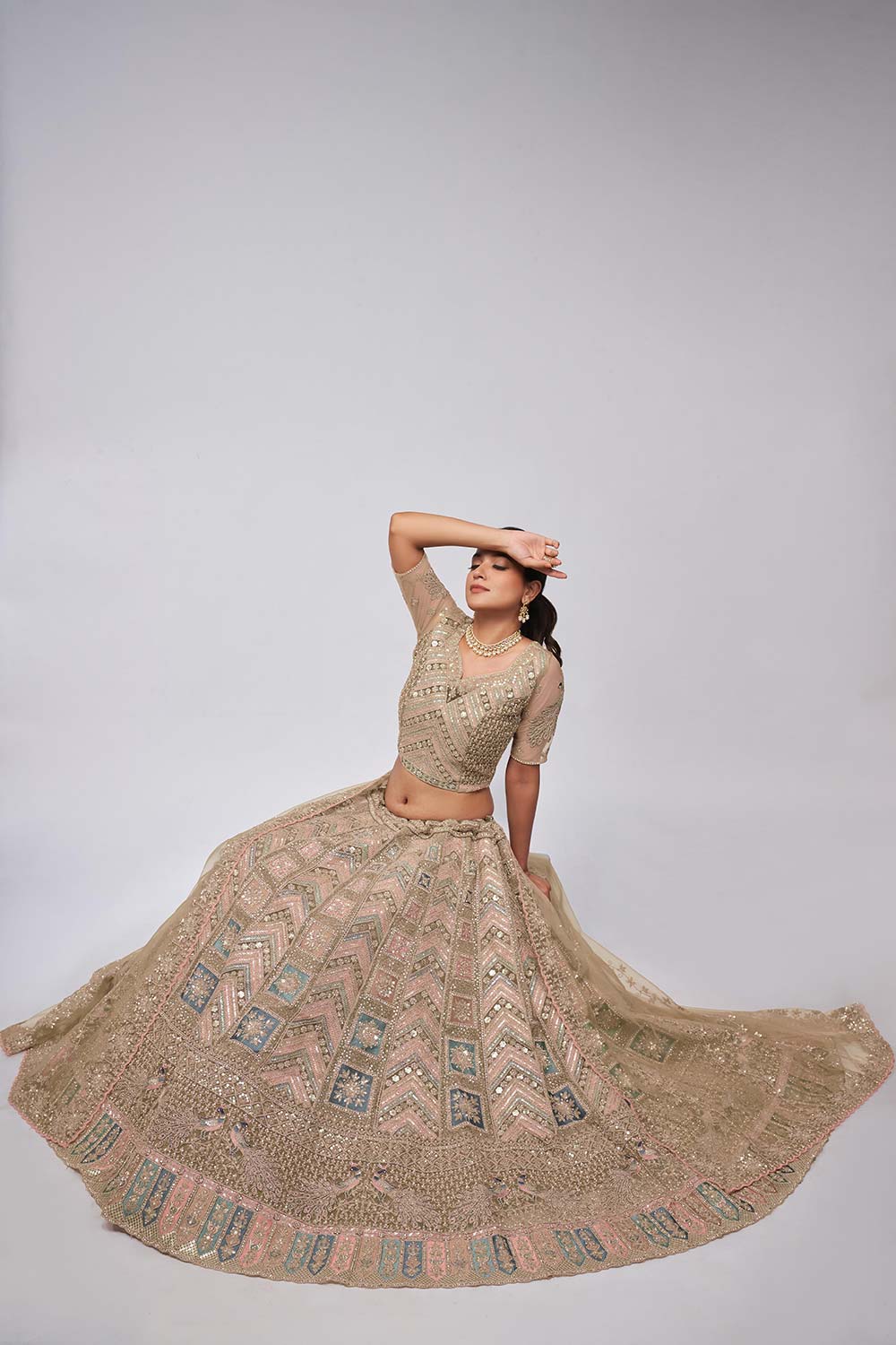 Golden Soft Net Embroidered Lehenga Set