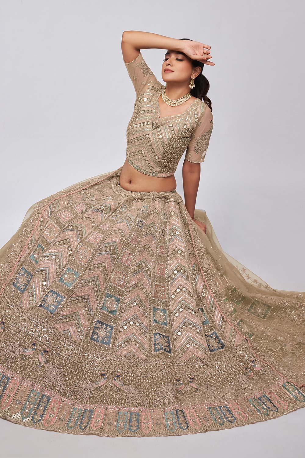 Golden Soft Net Embroidered Lehenga Set