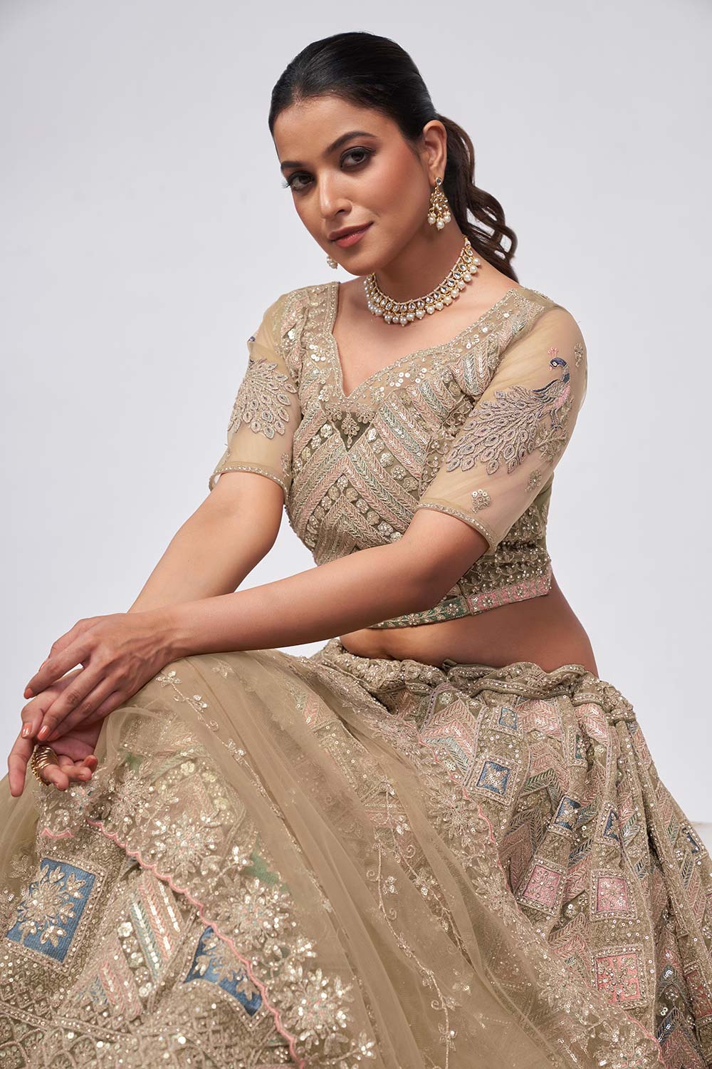 Golden Soft Net Embroidered Lehenga Set