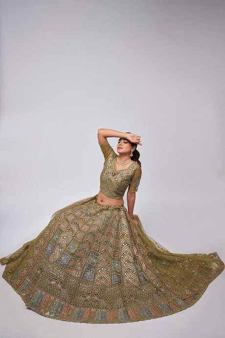 Green Soft Net Embroidered Lehenga Set