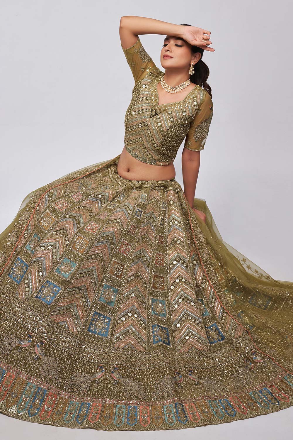 Green Soft Net Embroidered Lehenga Set