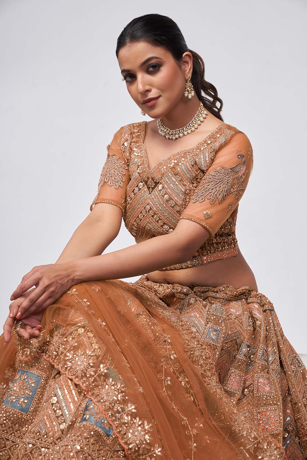 Rust Soft Net Embroidered Lehenga Set