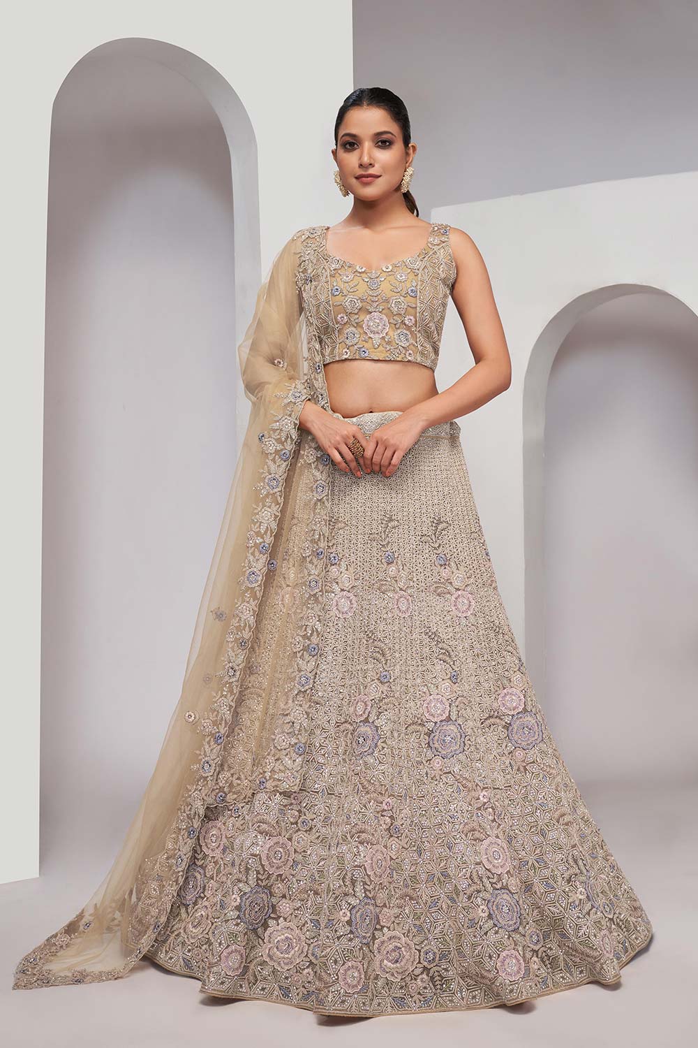 Golden Soft Net Embroidered Lehenga Set