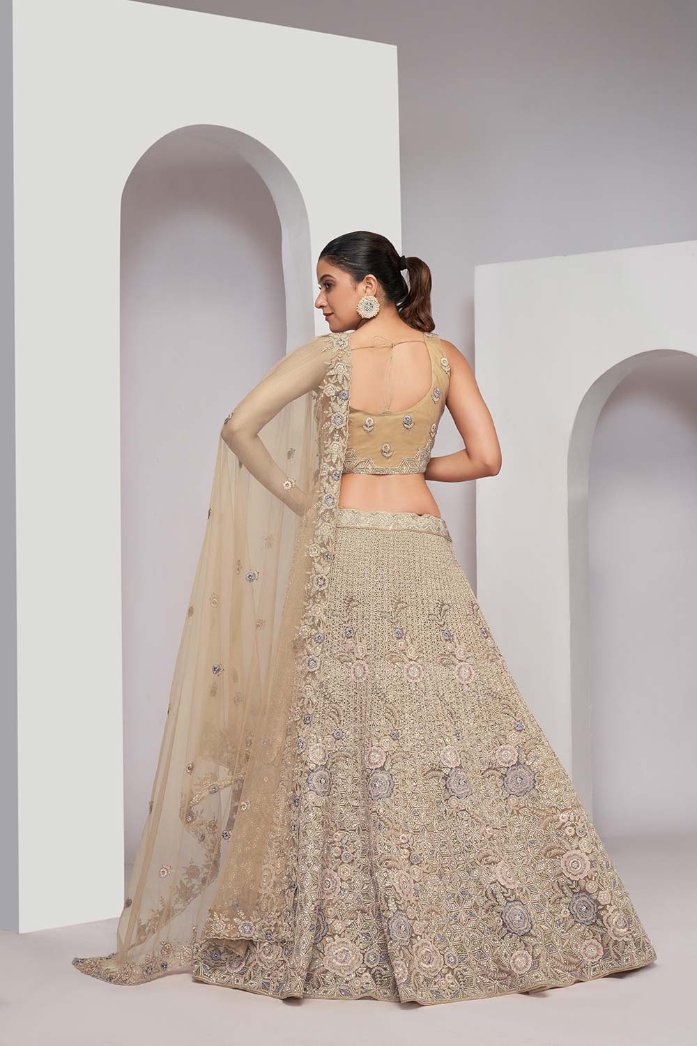 Golden Soft Net Embroidered Lehenga Set