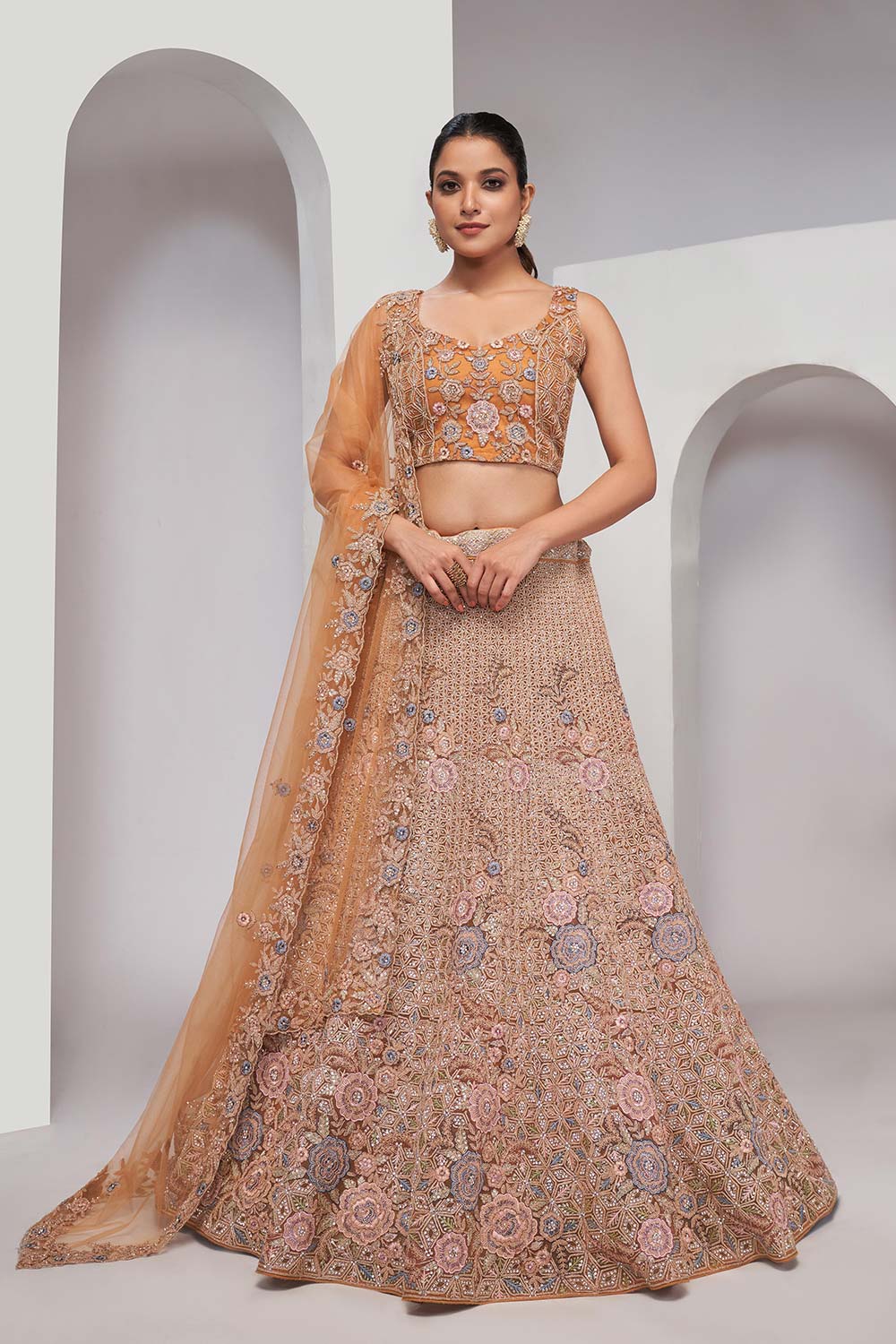 Rust Soft Net Embroidered Lehenga Set