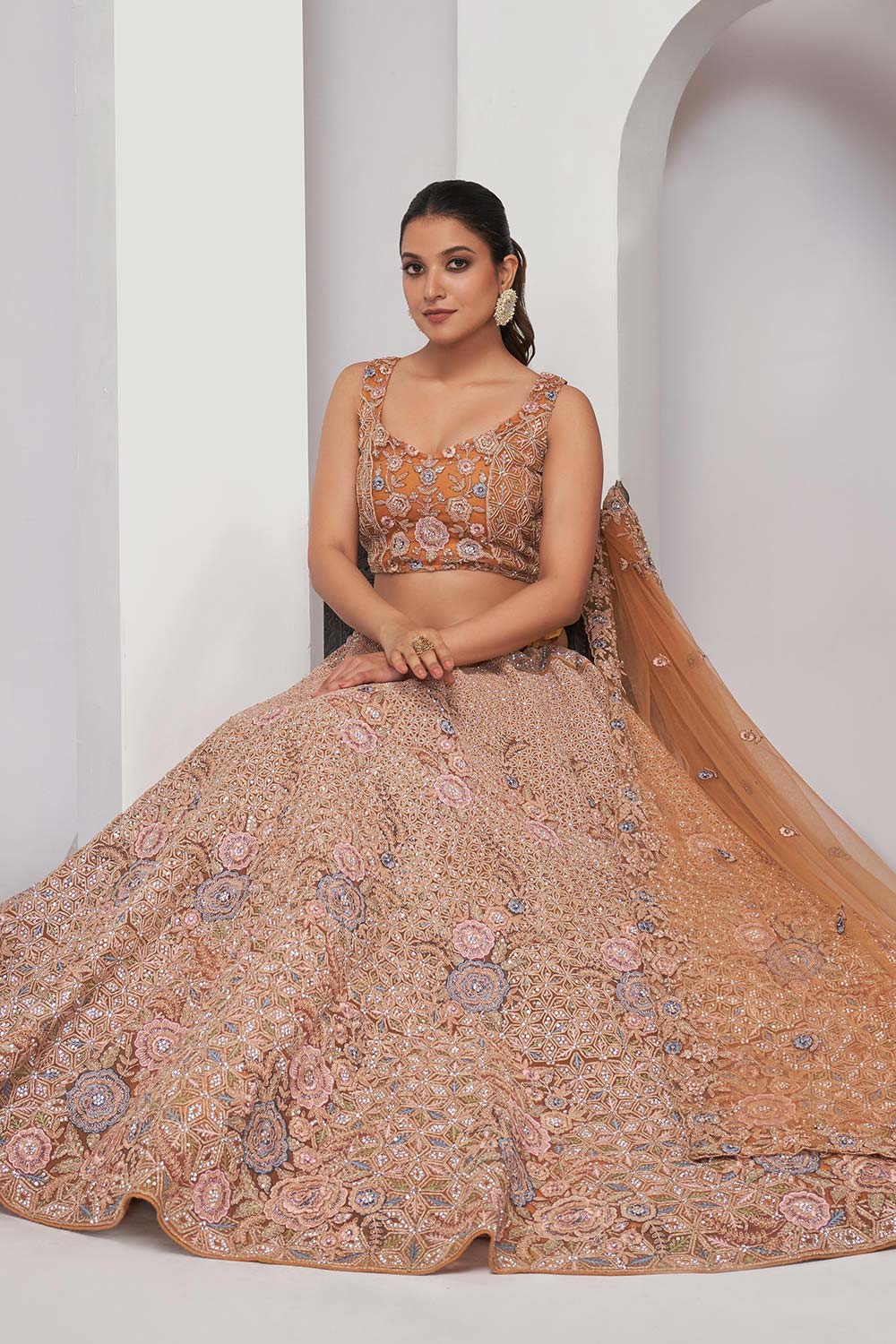 Rust Soft Net Embroidered Lehenga Set