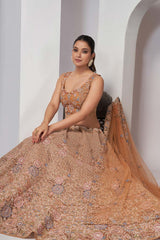 Rust Soft Net Embroidered Lehenga Set