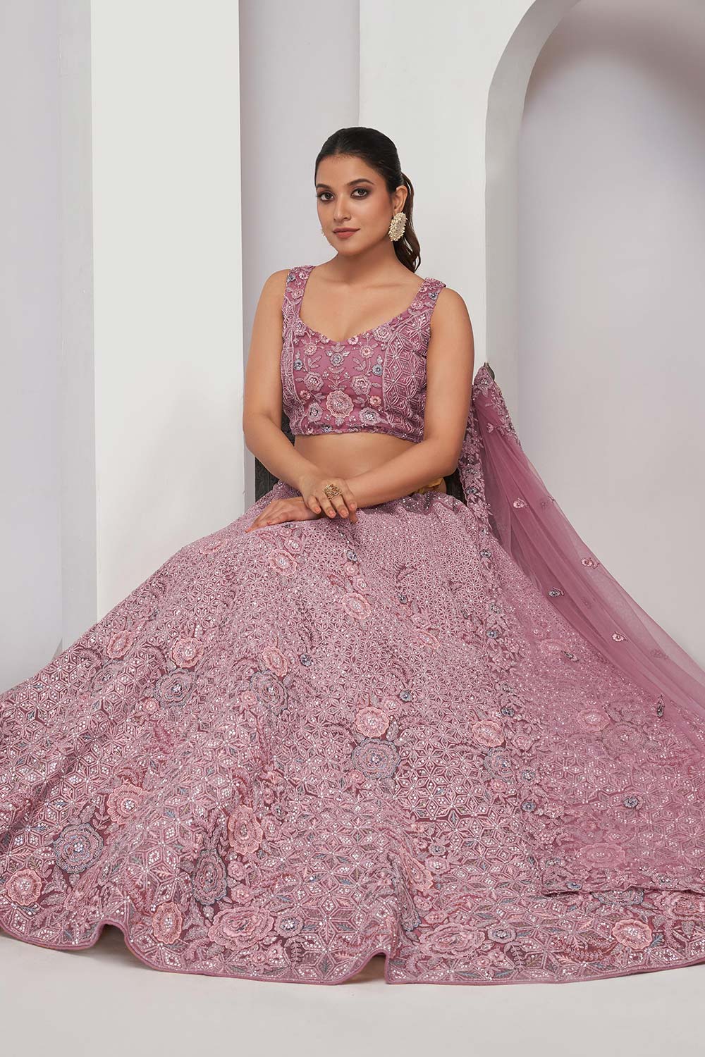 Mauve Soft Net Embroidered Lehenga Set