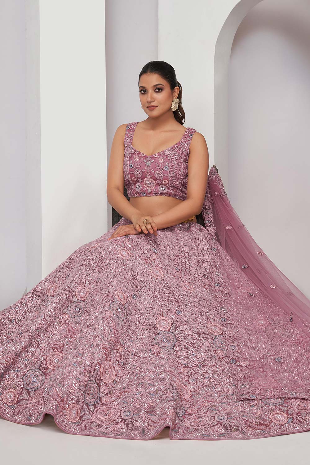 Mauve Soft Net Embroidered Lehenga Set