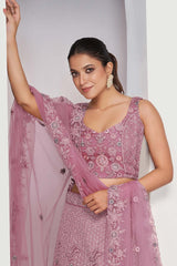 Mauve Soft Net Embroidered Lehenga Set