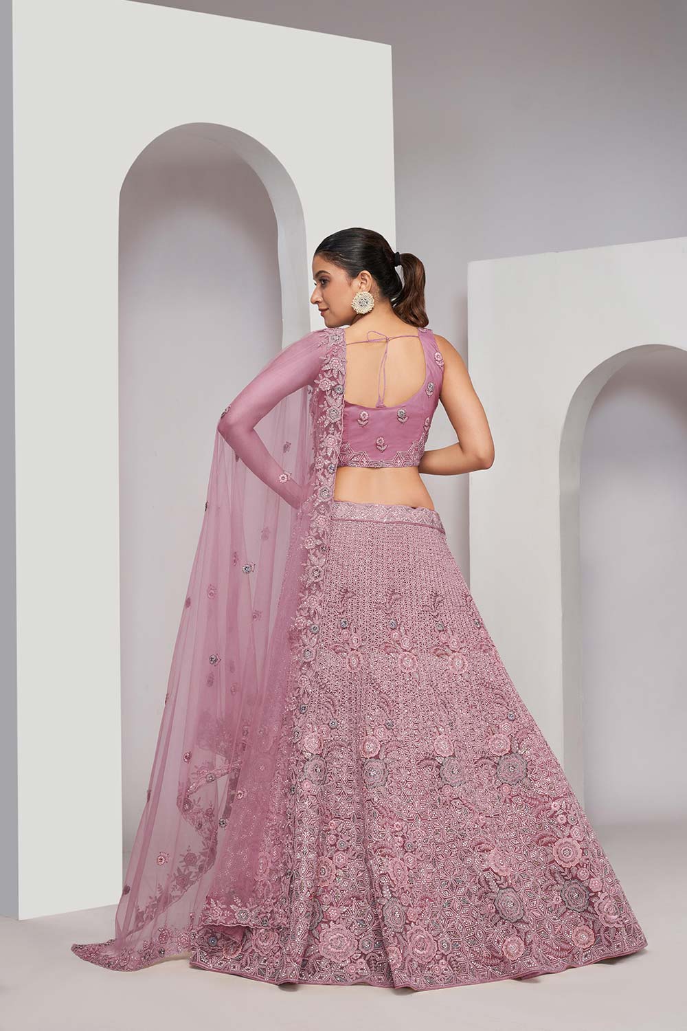 Mauve Soft Net Embroidered Lehenga Set