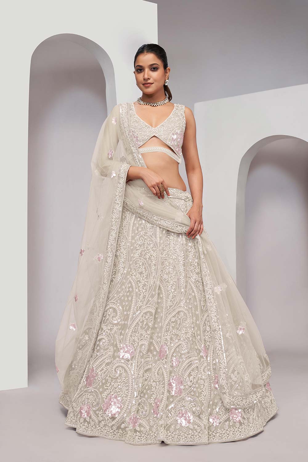 Ivory Soft Net Embroidered Lehenga Set