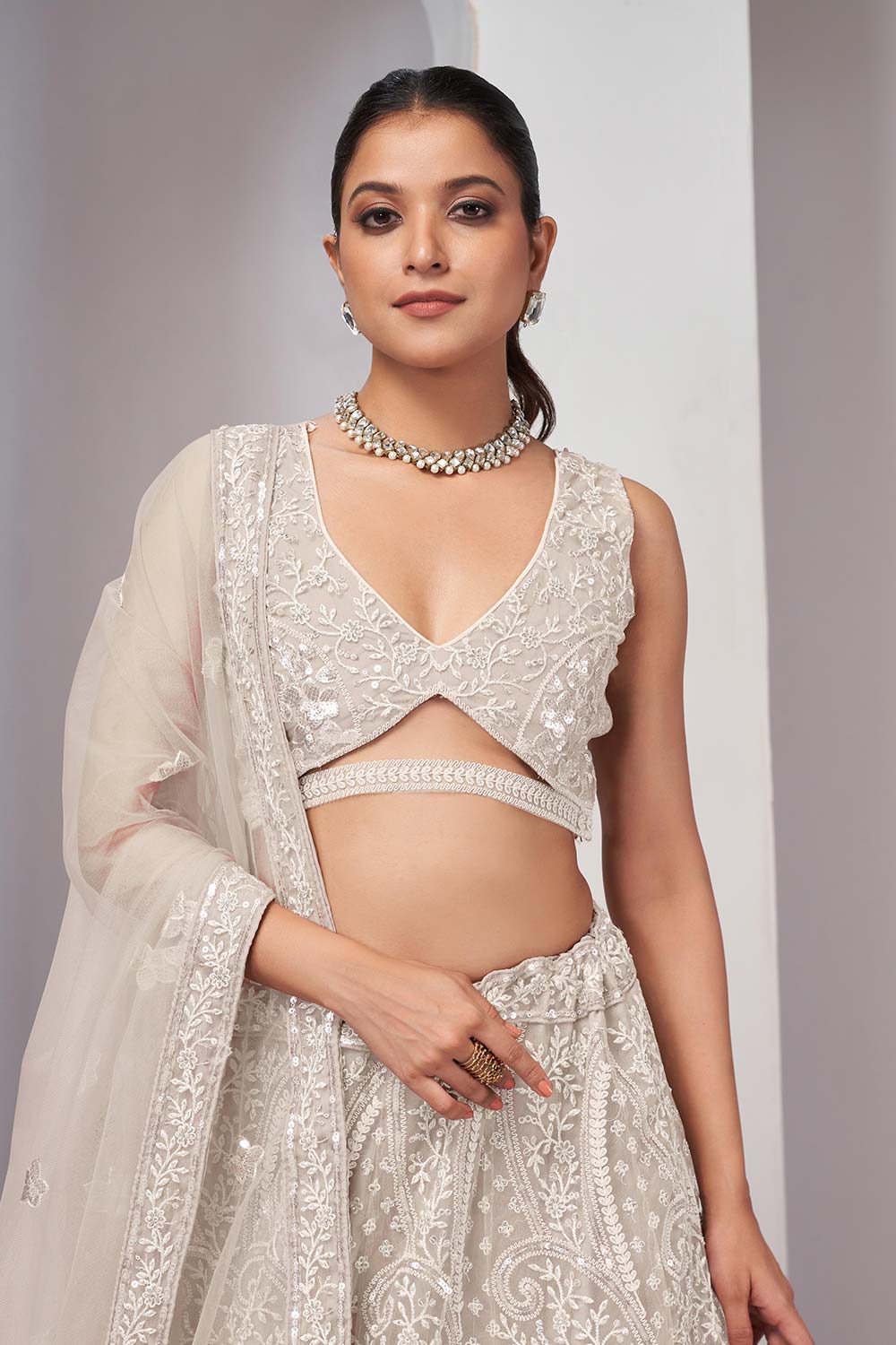 Ivory Soft Net Embroidered Lehenga Set