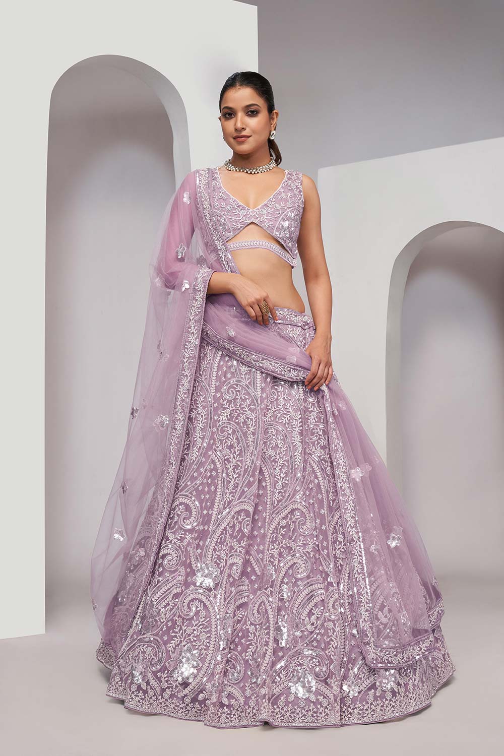 Mauve Soft Net Embroidered Lehenga Set