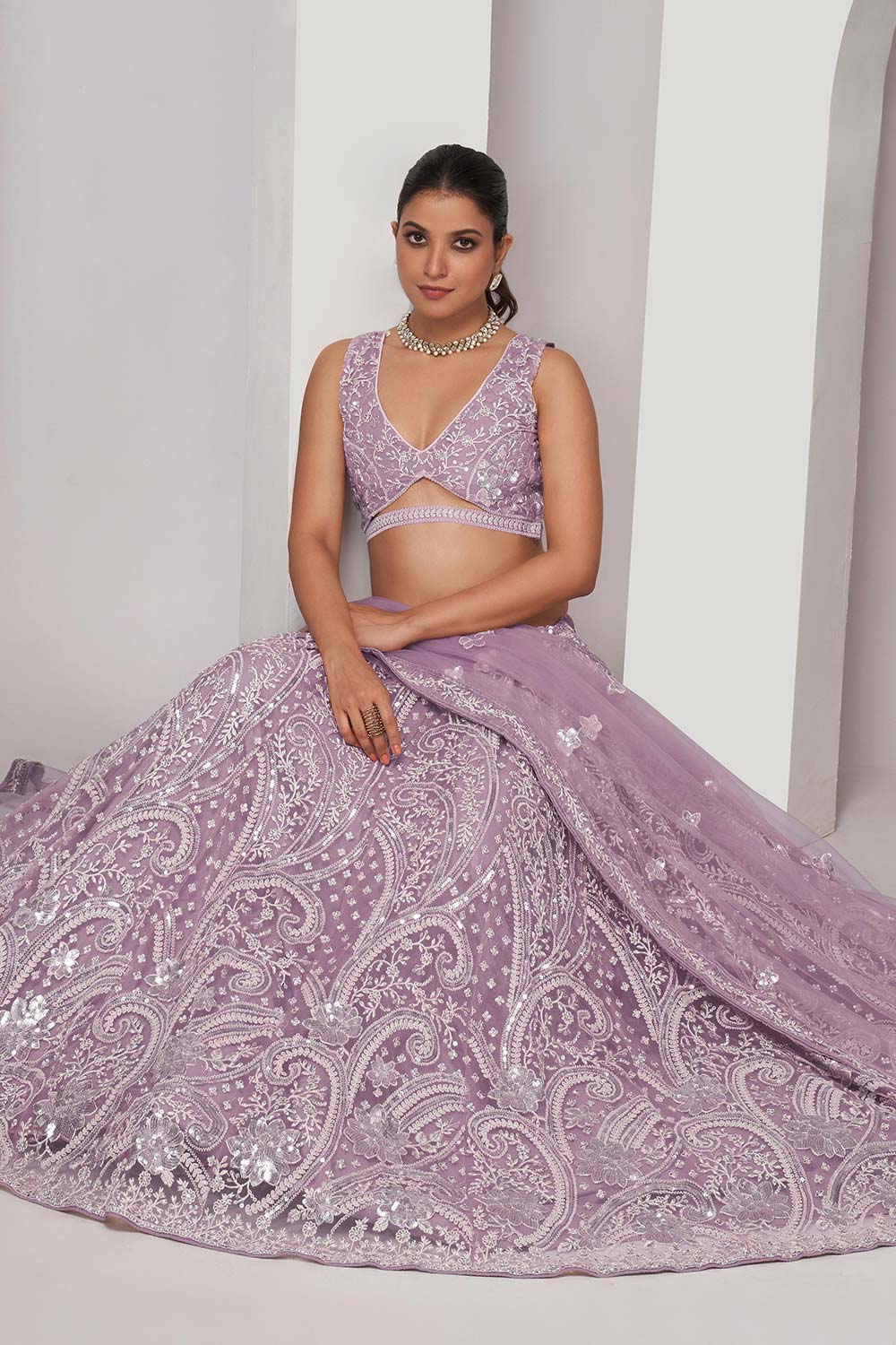 Mauve Soft Net Embroidered Lehenga Set