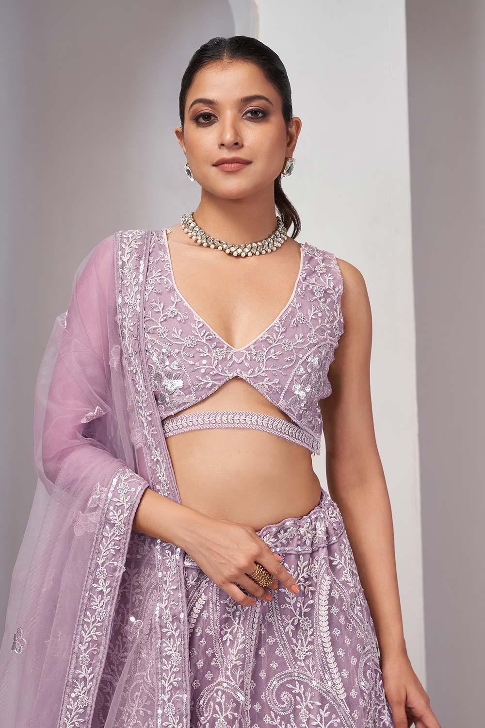 Mauve Soft Net Embroidered Lehenga Set