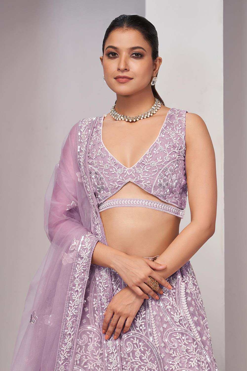 Mauve Soft Net Embroidered Lehenga Set